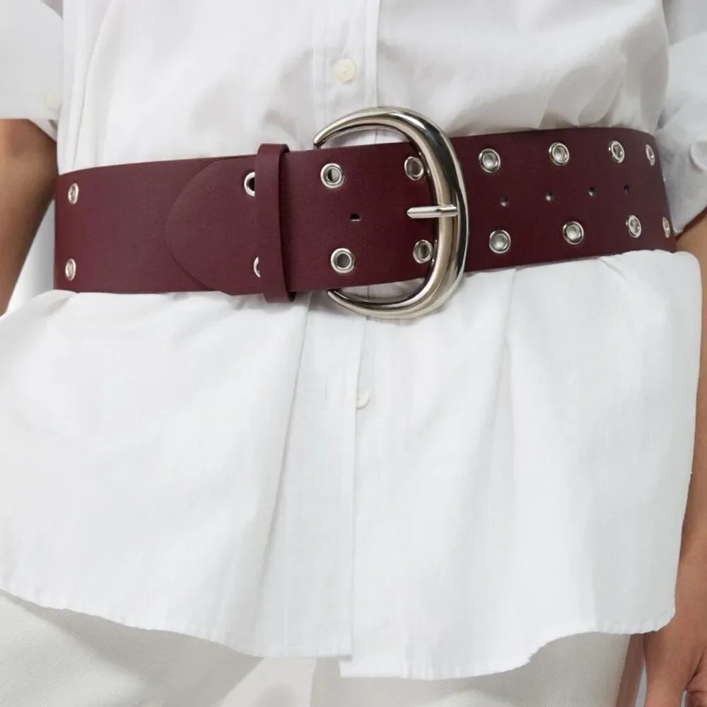 Oversized Silver Buckle Grommet Burgundy Wide Belt NWT Goth Streetwear